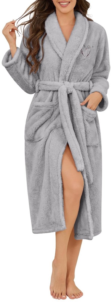 Fleece Ochtendjas voor Dames - Lichtgrijs met Sjaalkraag