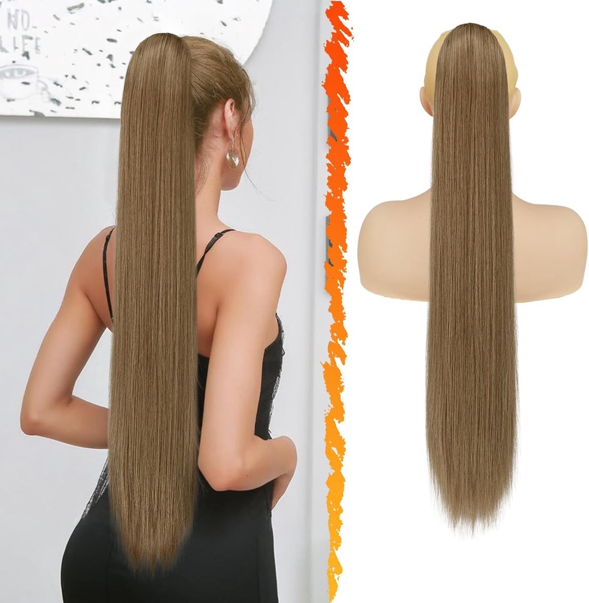 Langwerpige Rechte Ponytail Extensions van 76 cm in Lichtbruin, Synthetische Clip-in Haarstuk voor Vrouwen, Perfect voor Volumineuze Hairstyling en Feestelijke Gelegenheden