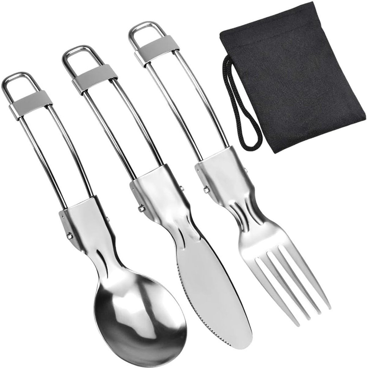 Vouwbaar Bestekset van 3 Stukken met Lepel, Vork en Mes van Rvs, Ideaal voor Kamperen, Buitenactiviteiten en Picknicks met Opbergtas
