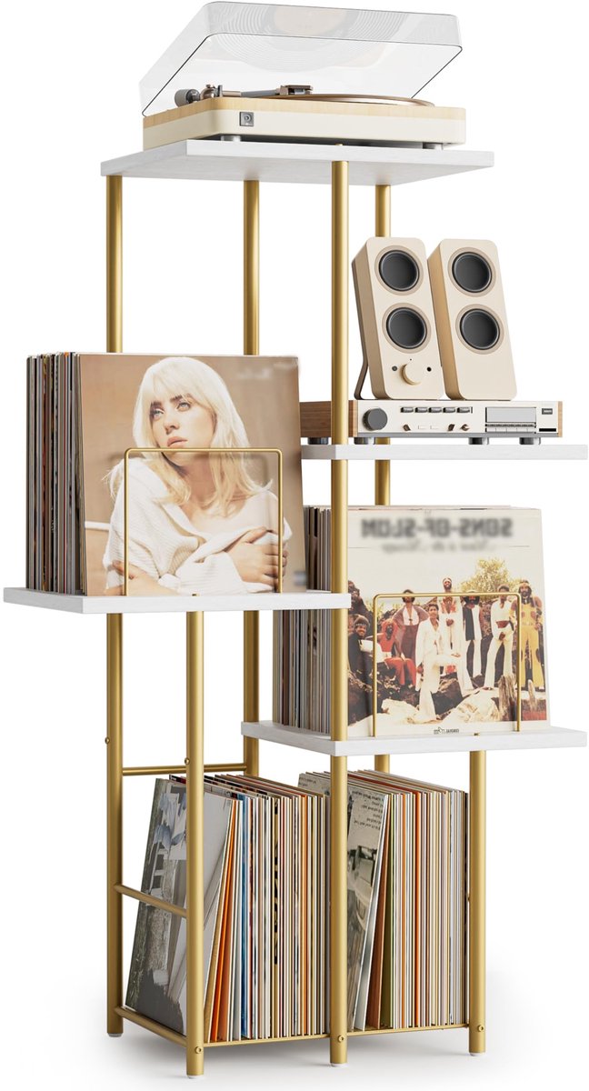 Record Cabinet met Platenspeler Stand en Vinyl Opslag - Wit Goud