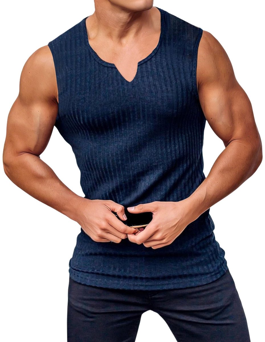 Mouwloze Tanktop voor Heren - Marineblauw met Ronde Kraag