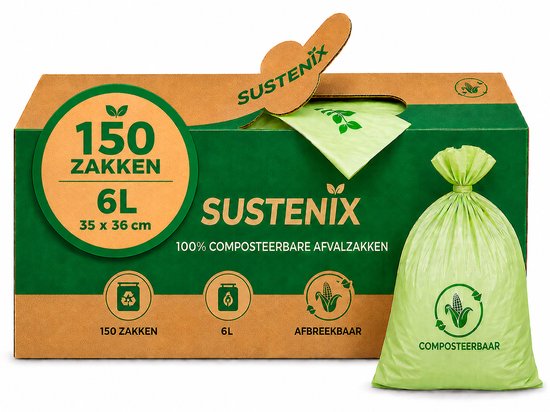 Groene Sustenix composteerbare afvalzakken, 150 stuks, 6L, 35 x 36 cm. Doos met groene en oranje tekst.