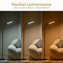 Moderne zwarte TULITE staande lamp met flexibele nek, toon de 3 dimbare kleurinstellingen (warm, neutraal, helder wit).