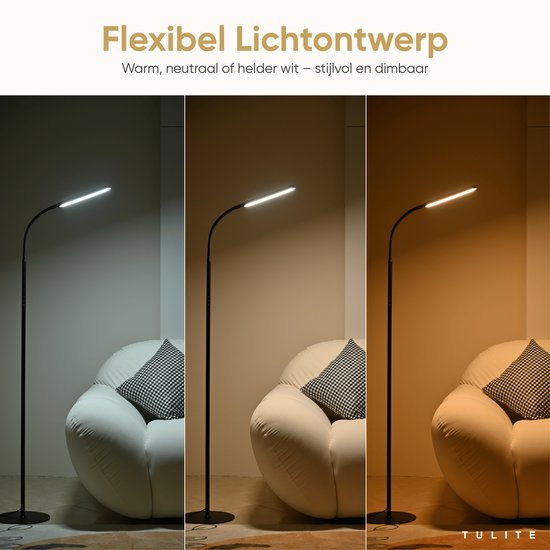 Moderne zwarte TULITE staande lamp met flexibele nek, toon de 3 dimbare kleurinstellingen (warm, neutraal, helder wit).