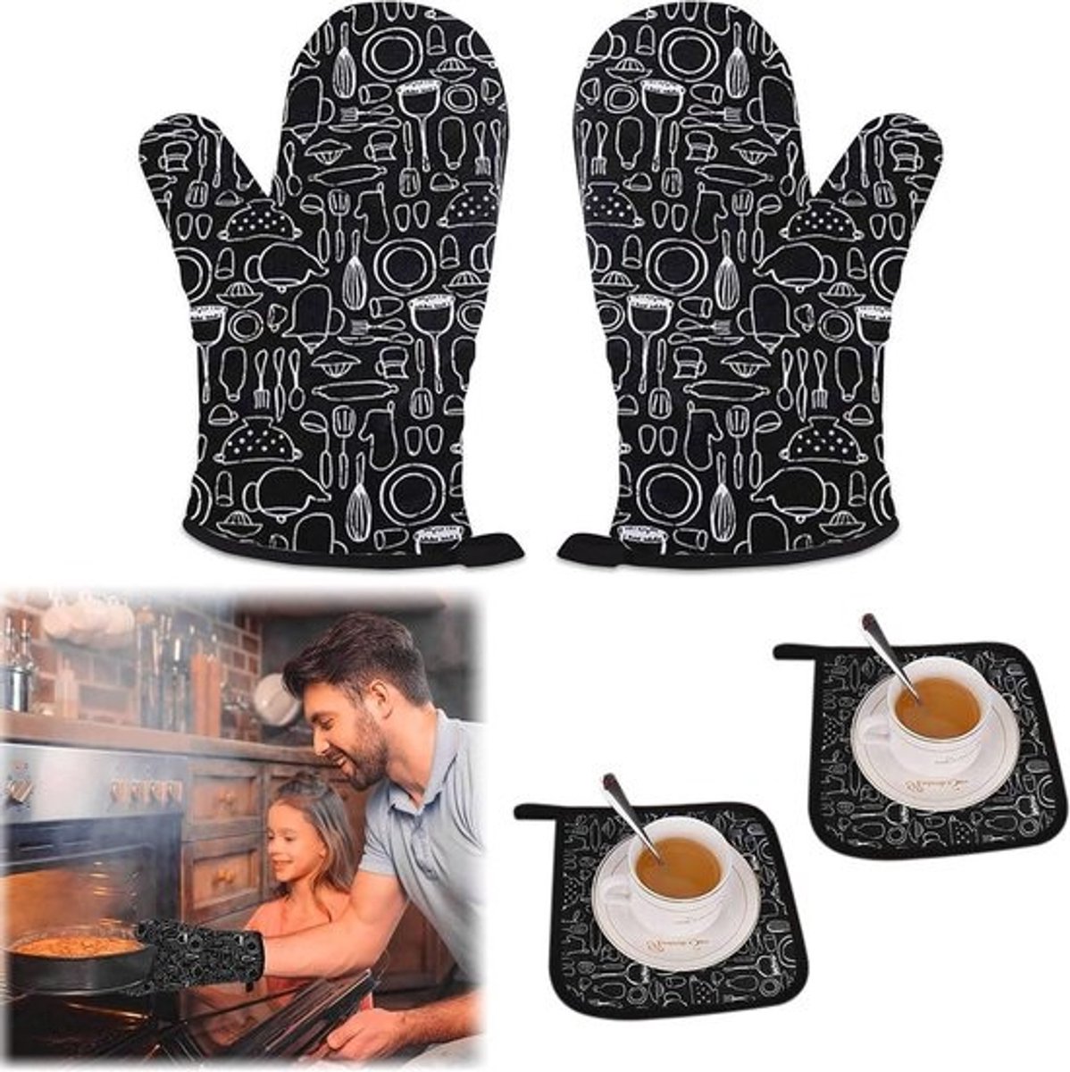 Ovenhandschoenen Set - Pannenlappen Keuken - Hitte Beschermen - Antislip Siliconen Grip - 30 x 17 cm - Zwart
