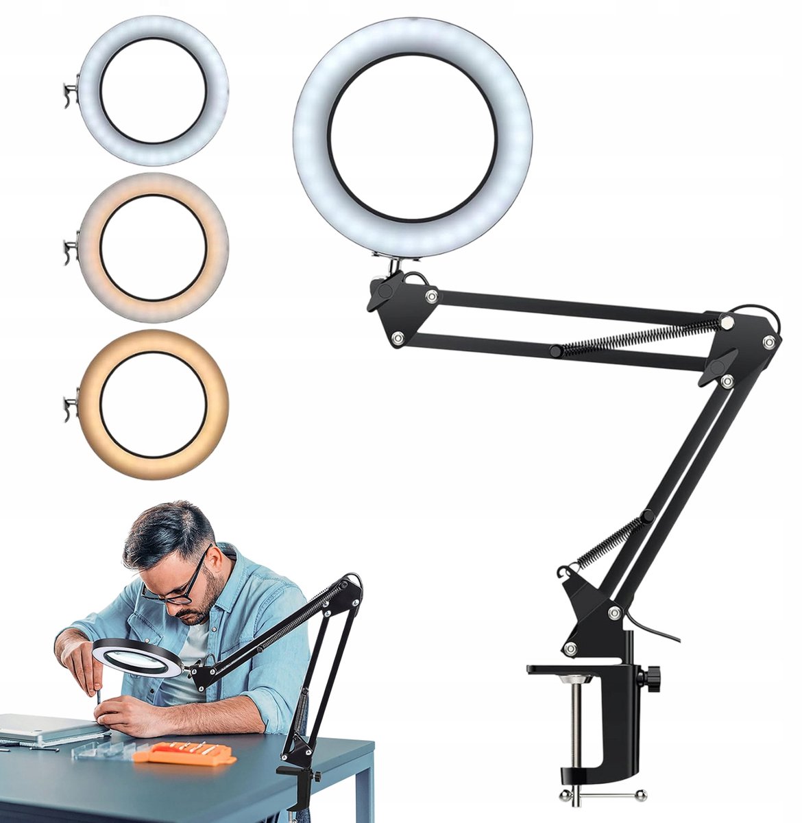 Loeplamp met LED Verlichting - Tafel Loeplamp - 10x Vergrootlamp - 72 LED's - 3 Kleurtemperaturen - 10 Dimstanden - Flexibele Arm - Bureaulamp met Klem en Baseren - Voor Naaien & Lezen & Knutselen - Zwart