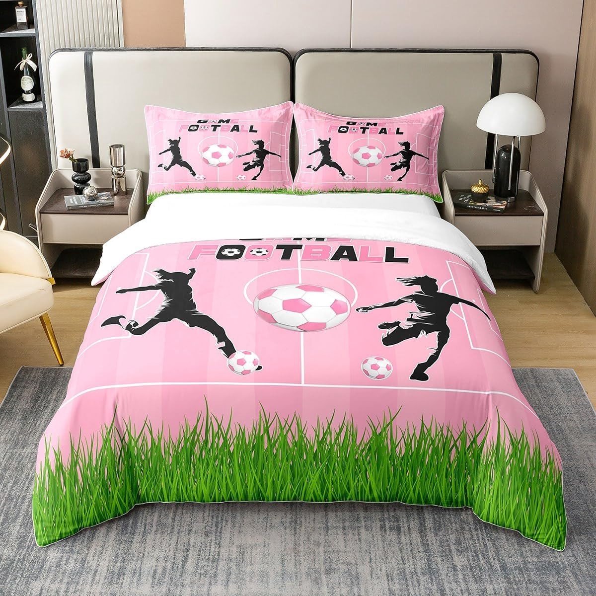 Dubbel Dekbedovertrek voor Meisjes van 100% Katoen, Roze Voetbalveld met Abstracte Lijnen, Superzacht Beddegoedset, Sportieve Slaapkamerdecoratie, 3-delige Set
