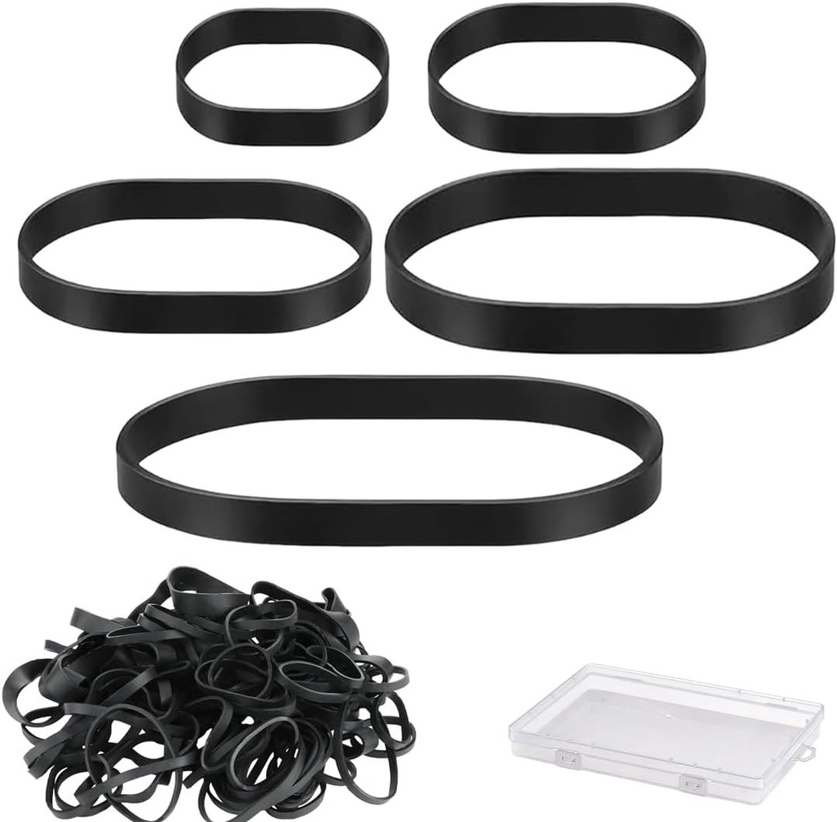 Set van 100 Zwarte Elastische Bandjes - Herbruikbare Rubber Ringen voor Thuis, School, Kantoor en Kamperen - Diverse Maten 5/6/8/10/12 cm