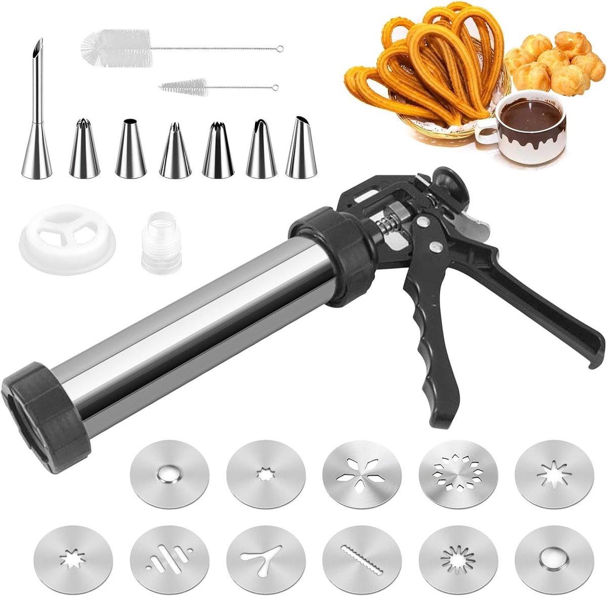 Churros Maker Set met 11 Cookie Mallen, 7 Spuitmondjes en Schoonmaakborstel voor Het Maken van Gebak, Vullingen en Jam