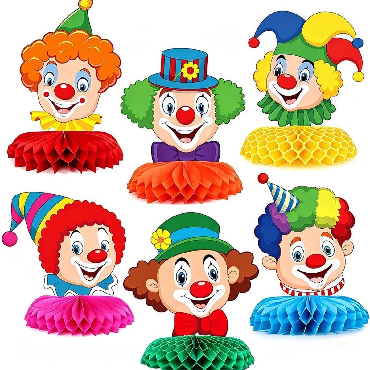 Set van 6 3D Papier Clown Nid d'Abeille Decoraties voor Carnaval en Feestjes, Tafel- en Raamdecoratie voor Kinderen en Volwassenen