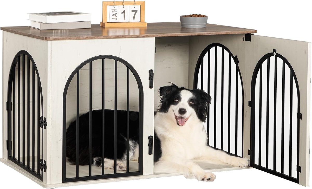 HILINSIE 100 cm Hondenbench, Meubel, Hondenbox, 3 Deuren, Gebogen Deur, Moderne Hondenbox Binnen Voor Honden, Bijzettafel, Hondenkooi Voor Thuis, Robuuste Hondenbox, 60 x 100 x 63 cm, Wit en Bruin