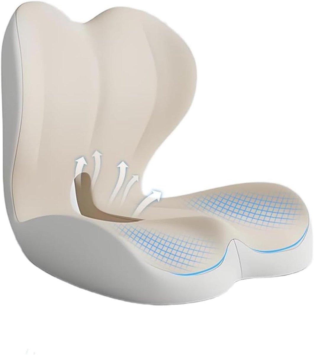 Ergonomisch Zitkussen met Rugleuning en Zijsteun voor Kantoor en Auto, Coccyx Kussen, Comfortabel en Ondersteunend, Beige Grijs