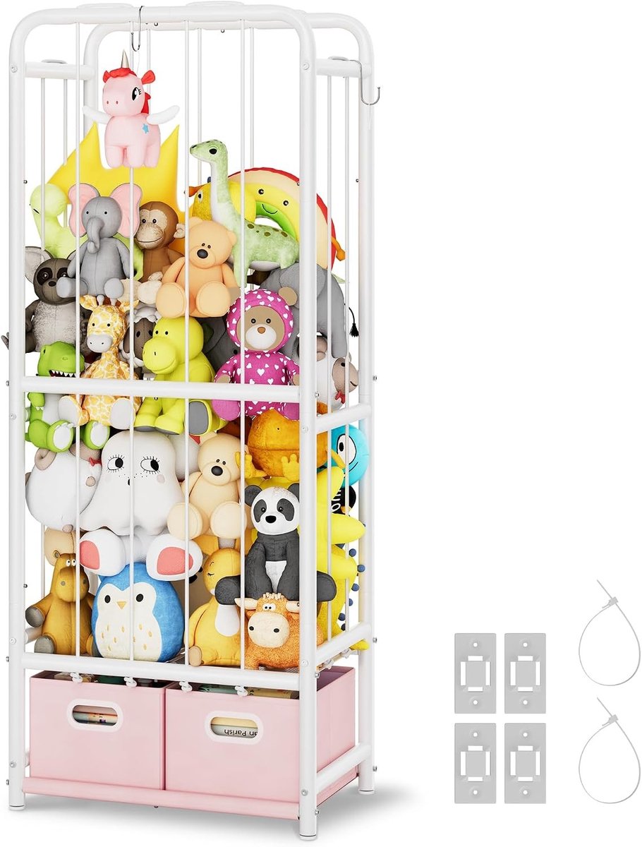 Grote Opbergkooi voor Pluche Speelgoed, Organizer voor Kinderspeelgoed met Stoffen Dozen, Ideaal voor Kinderkamer en Speelgoedopslag in Wit en Roze