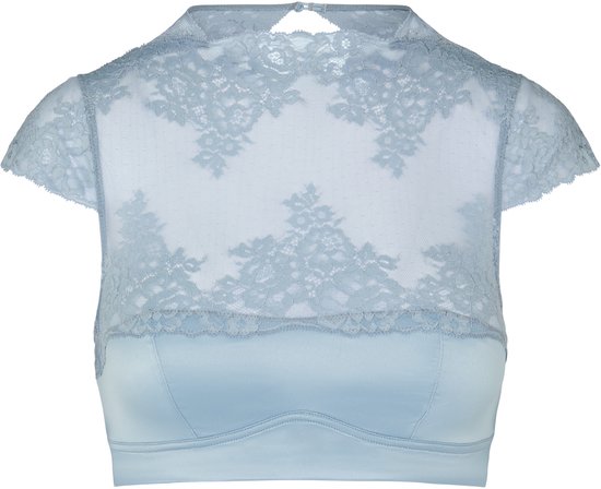 Lichtblauwe bralette met kanten overlay en korte mouwen. Gemaakt van satijn en kant.