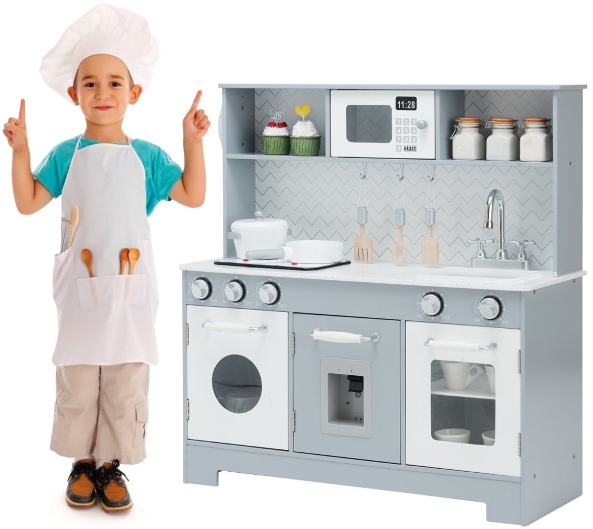 SureDeal® - Rollenspell - Kinderkeuken - Realistisch Licht - Geluid Houten Speelkeuken - Magnetron - 76,5x28x80 cm - Wit en Grijs