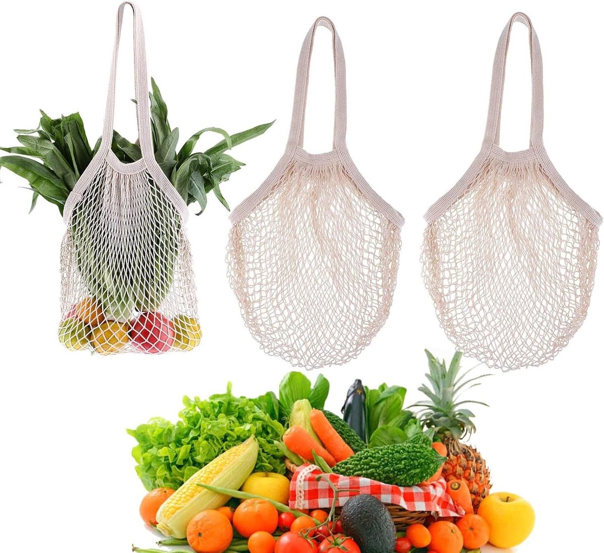 Katoenen boodschappennet set van 3, herbruikbare netten voor zandspeelgoed, fruit en groenten, ideaal voor outdoor-activiteiten en plasticvrije levensstijl