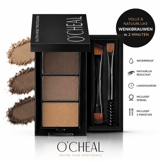 O'CHEAL wenkbrauwpoeder palette met drie tinten: donkerbruin, medium bruin en lichtbruin. Inclusief spiegel en twee kwastjes. Volle & natuurlijke wenkbrauwen in 2 minuten.