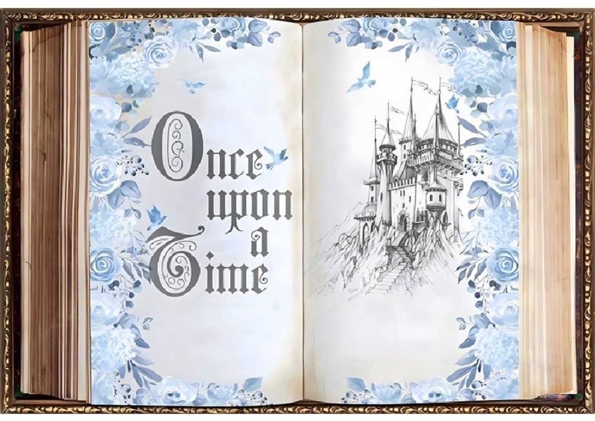 Fotobehang Once Upon a Time - Blauwe Rozen en Kasteel 8x6ft