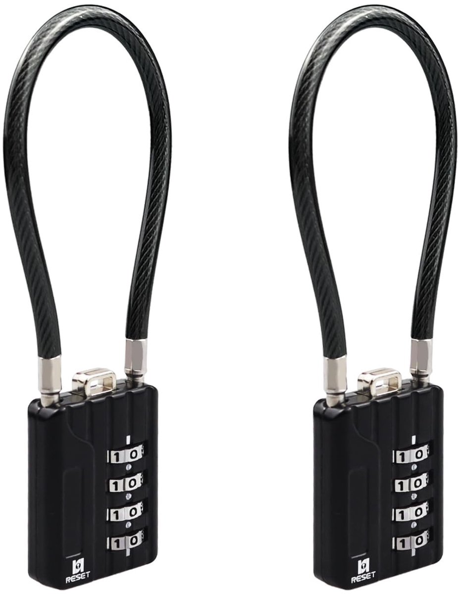 4-Digit Combinatieslot met 10cm Stalen Kabel - Zwart, 2-pack