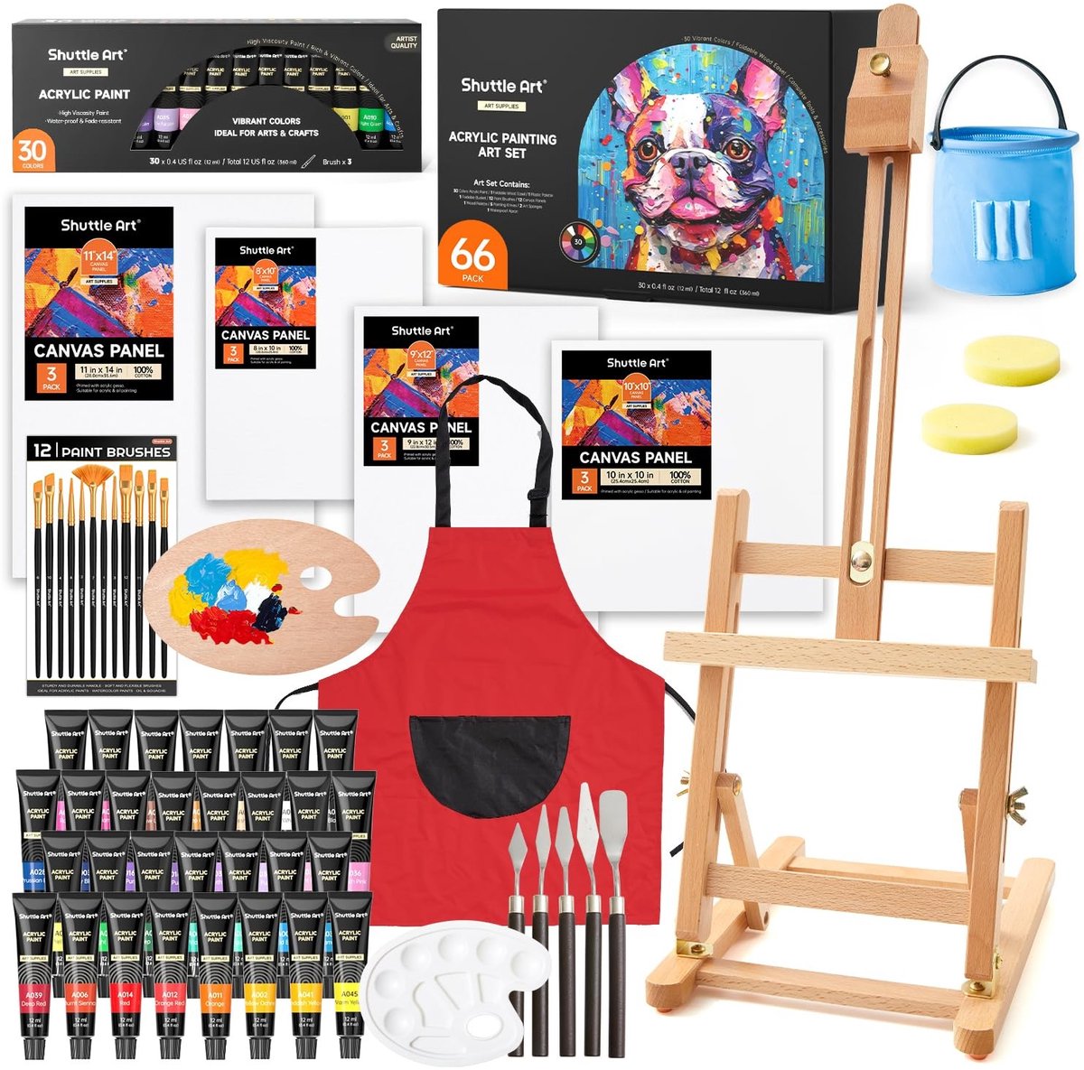 66-delig Acrylverf Set met 30 Kleuren - Inclusief Doek en Penseel
