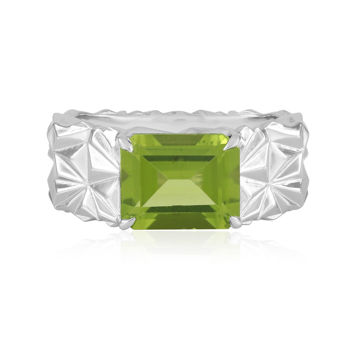 Cavill - Ring Platina Geplateerd - 2,95 ct Peridoot Achthoekig Trapgeslepen - Elegante Groene Edelsteen - Sterling Zilver Sieraden Dames