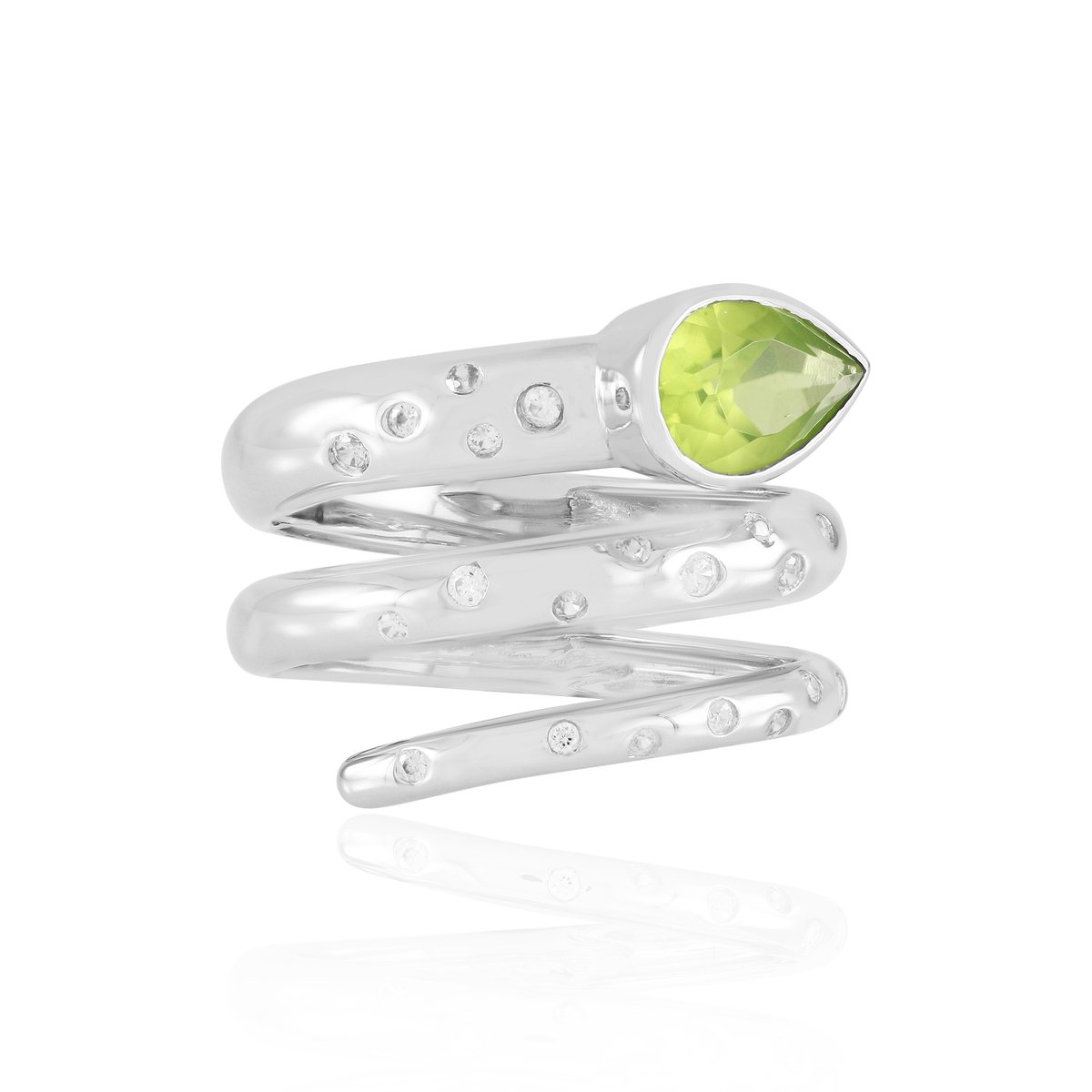 Cavill - Verstelbare Ring - 925 Sterling Zilver met Platina Coating - Peervormige Peridoot 1,25 ct - Zirkonia Accenten - Elegante Damesring