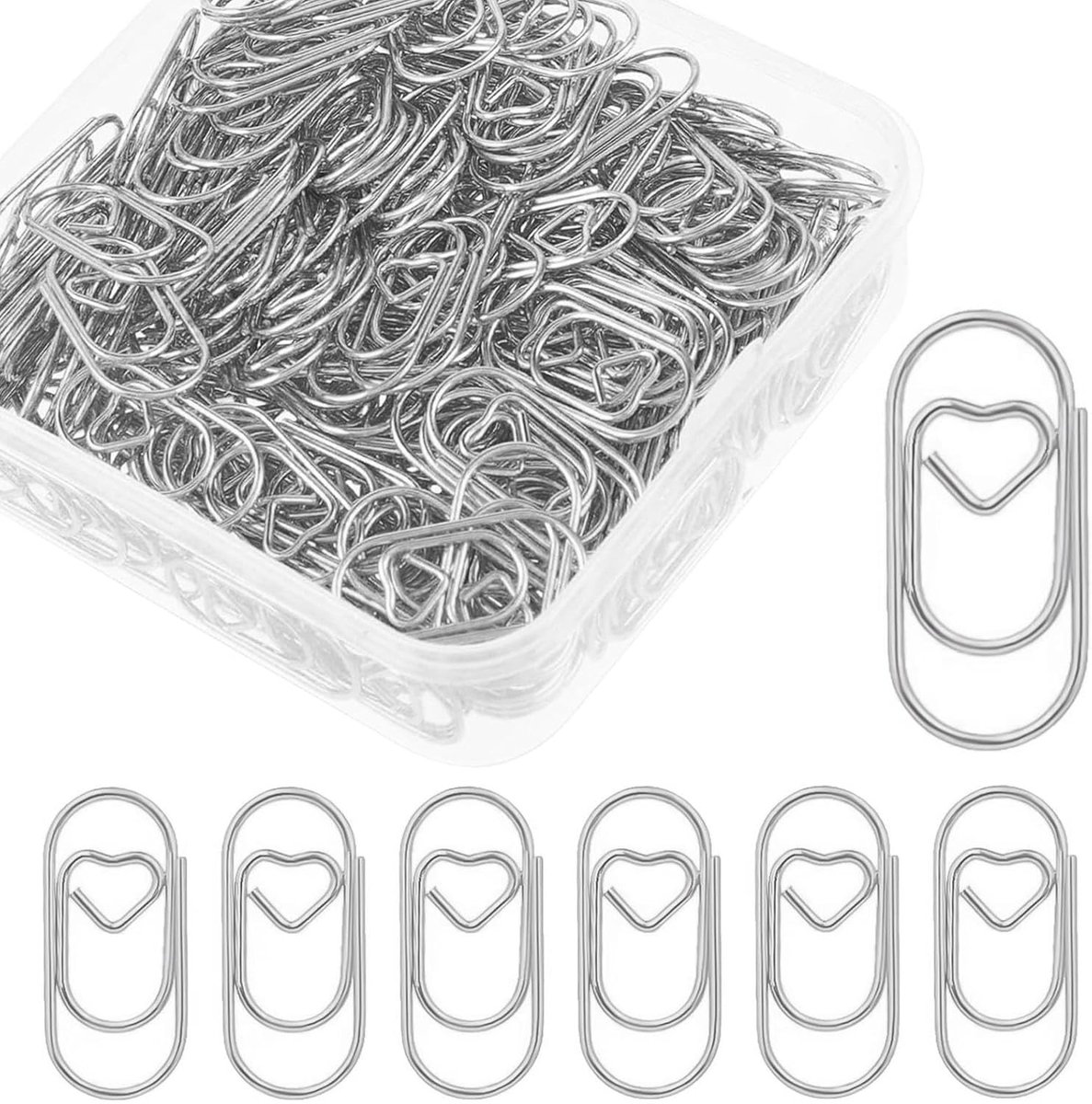 250 Stuks Hartvormige Paperclips in Zilver, Ovalen Motief, Perfect voor Kantoor, Klaslokaal en Documenten, Inclusief Transparante Opbergdoos