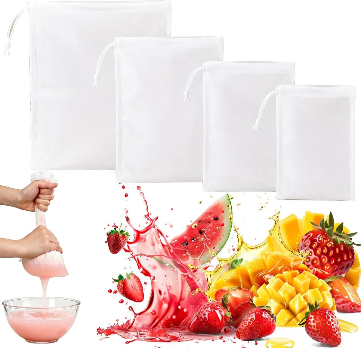Set van 4 nylon voedselfilterzakken met fijne mazen voor het zeven van vloeistoffen en voedsel