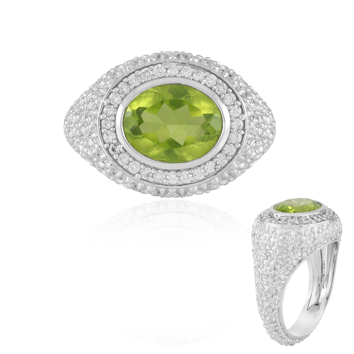 Cavill - Zilveren Peridoot Ring 2,26 ct Ovaal - 925 Sterling Zilver Geplatineerd - Luxe Damesring met Zirkonia's - Elegante Edelsteen Sieraden