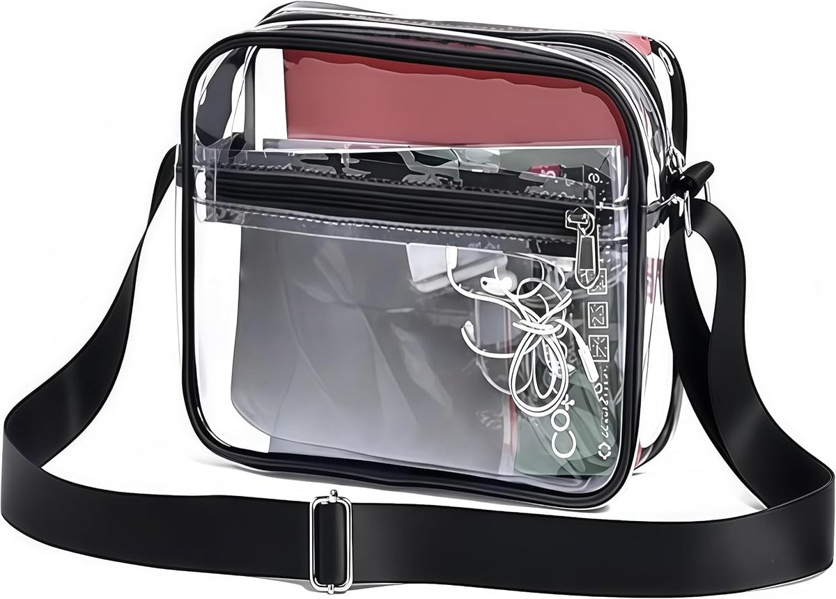 Transparante Zwarte Tas voor Dames en Heren - PVC Tas met Verstelbare Schouderband, Ideaal voor Concerten, Sportevenementen en Amusementparken