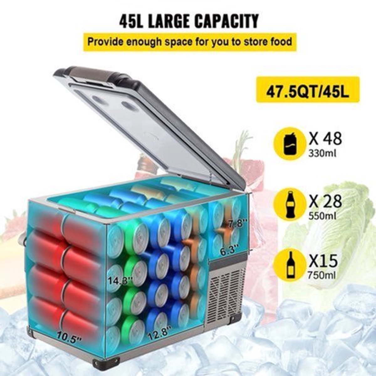 Mini koelkast - Mini koelkast voor drankjes - Draagbare koeler voor kamperen - 45L - 12V/24V DC - 110-240V AC - 45W - Mini auto koelkast - Koelbox voor kamperen - Grijs