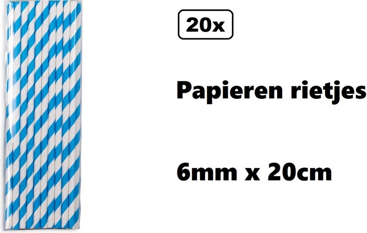 20 stuks Papieren rietjes stripes blauw/wit - 100% biologisch afbreekbaar - Thema party feest festival uitdeel rietje drinken