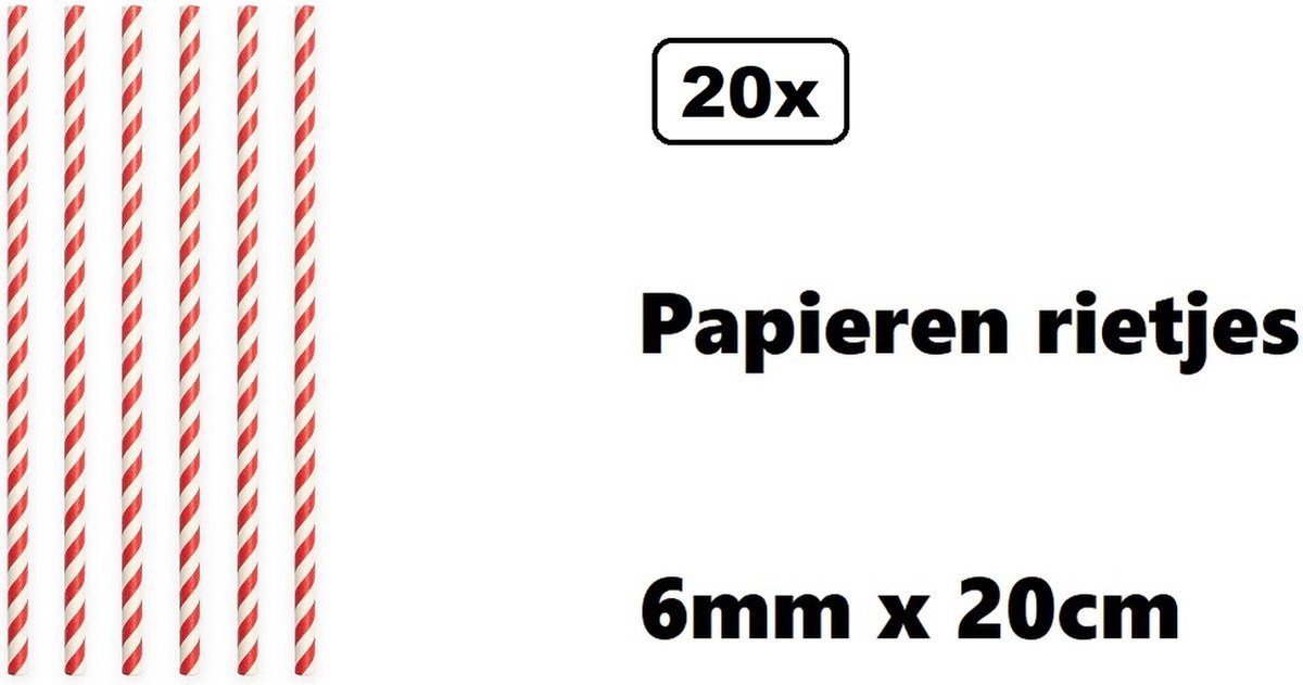 20 stuks Papieren rietjes stripes rood/wit - 100% biologisch afbreekbaar - Thema party feest festival uitdeel rietje drinken