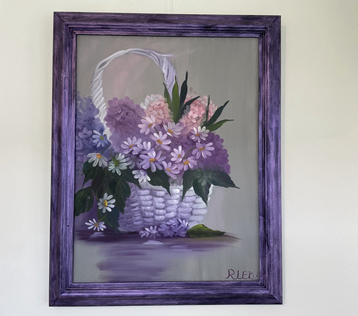Olieverfschilderij Bloemenmand – Handgeschilderd Schilderij met Bloemen – Riek van de Bor – 40 x 50 cm – Inclusief Lijst