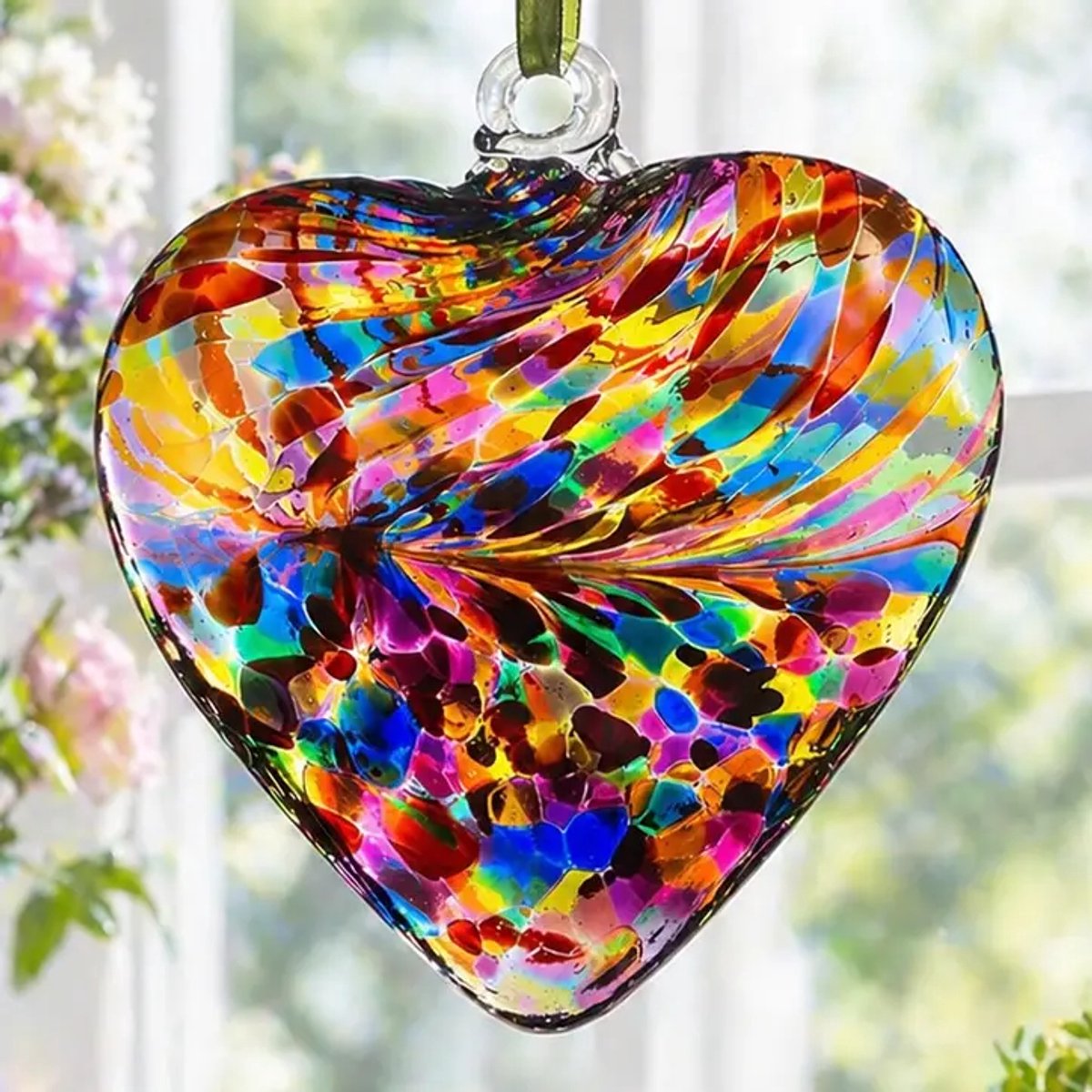 Vriendschapshart van 12 cm - Sending Love - veelkleurig turkoois - mondgeblazen glas - hanger