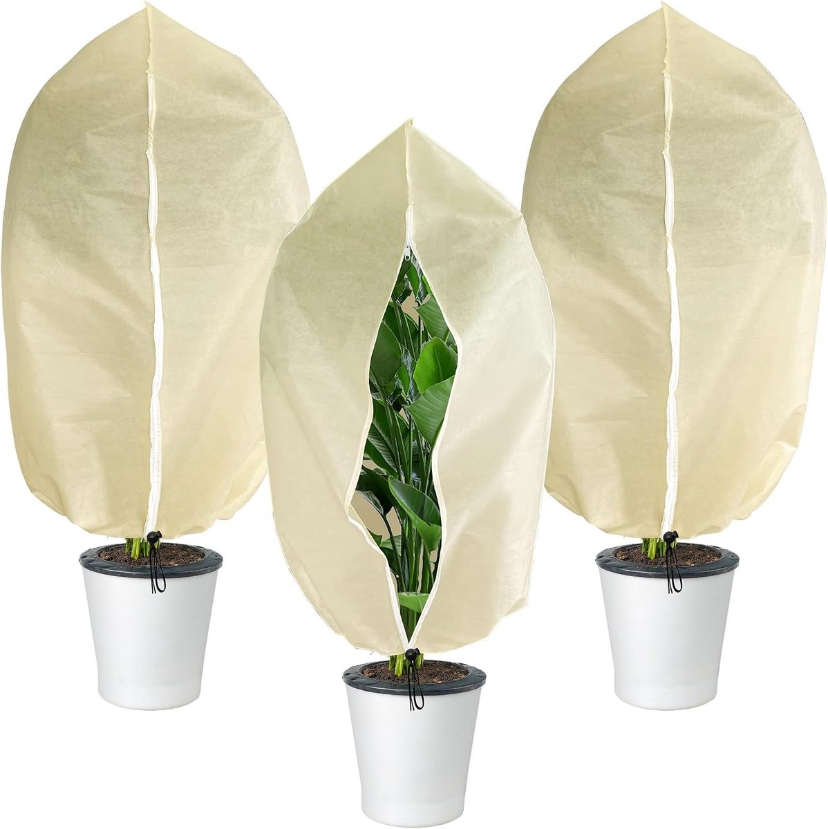 Set van 3 Grote Winterbeschermingshoezen voor Potplanten met Rits en Trekkoord - 100 x 80 cm, Bescherming tegen Vorst en Koude