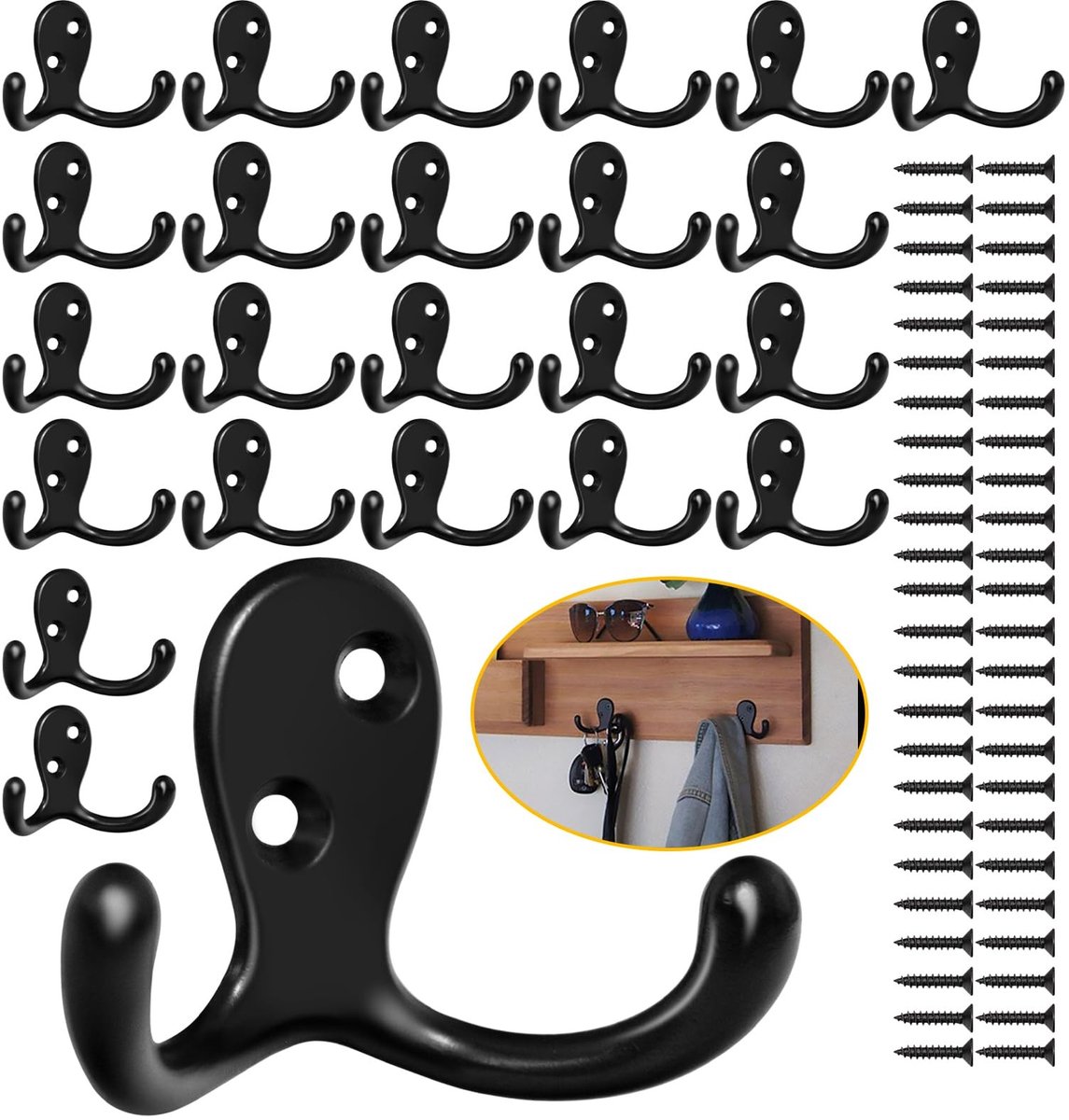Set van 24 Zware Wandhaakjes - Zwart - Inclusief 48 Schroeven