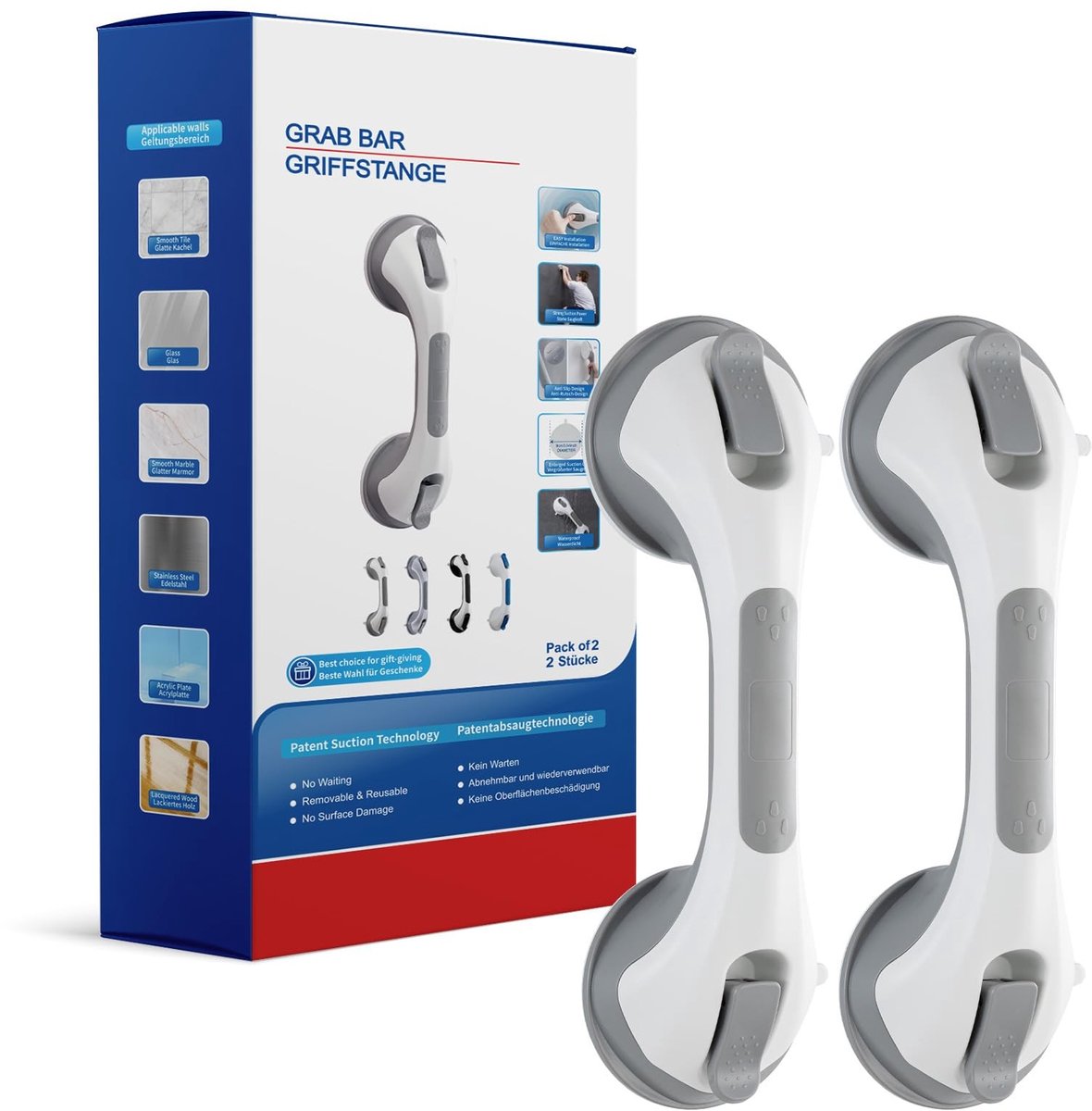 Douchegreep met zuignap - 30,5 cm, 2 stuks