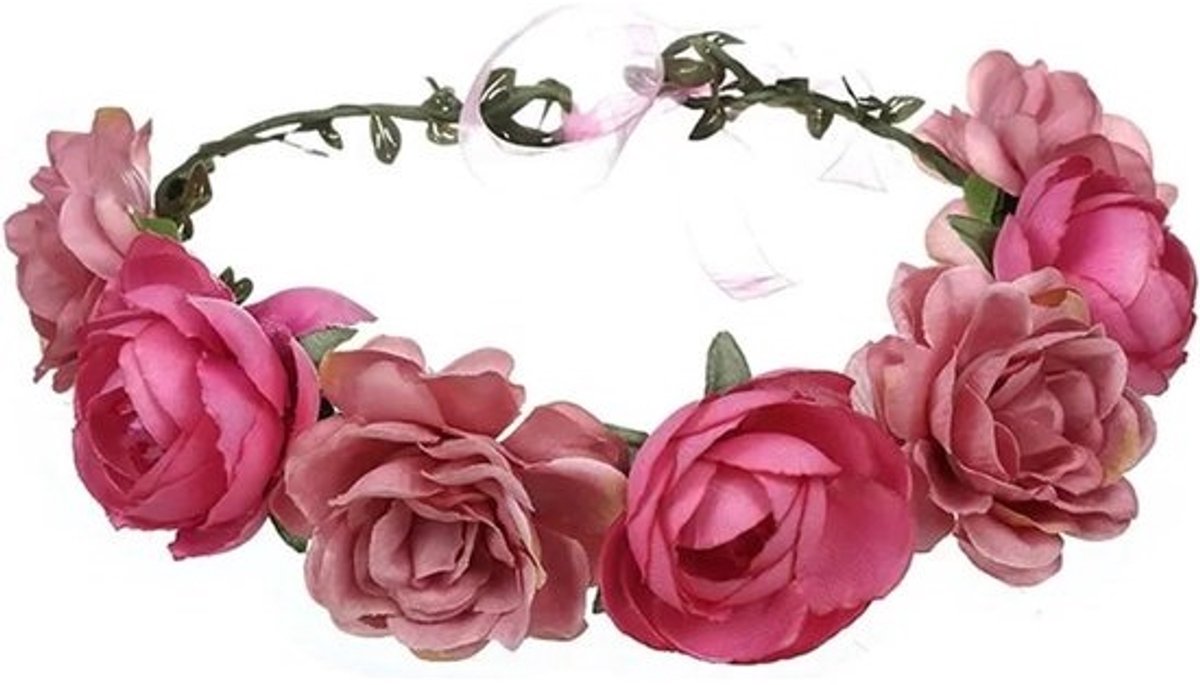 Bloemen Haarband - Haarkrans Slinger - Bruiloft Accessoire - Handgemaakt Koperdraad - 38 cm Omtrek - Roze