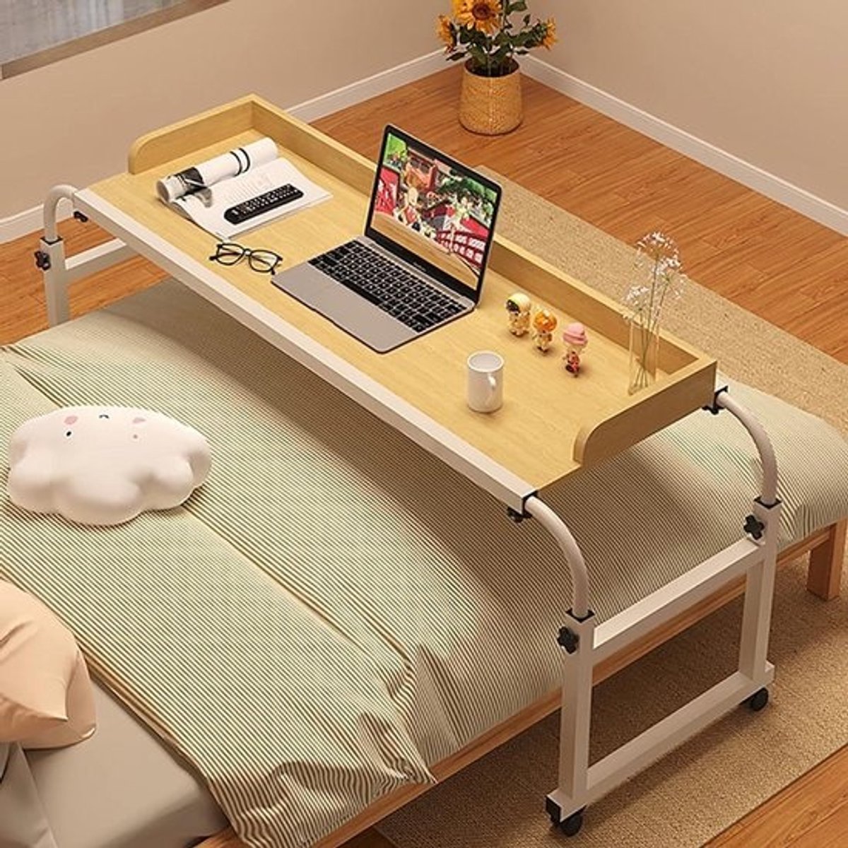 Bedtafel op wielen - Verstelbare bijzettafel - Comfortabel werken - In hoogte en breedte verstelbaar - 115-210 cm breed - Houtkleur