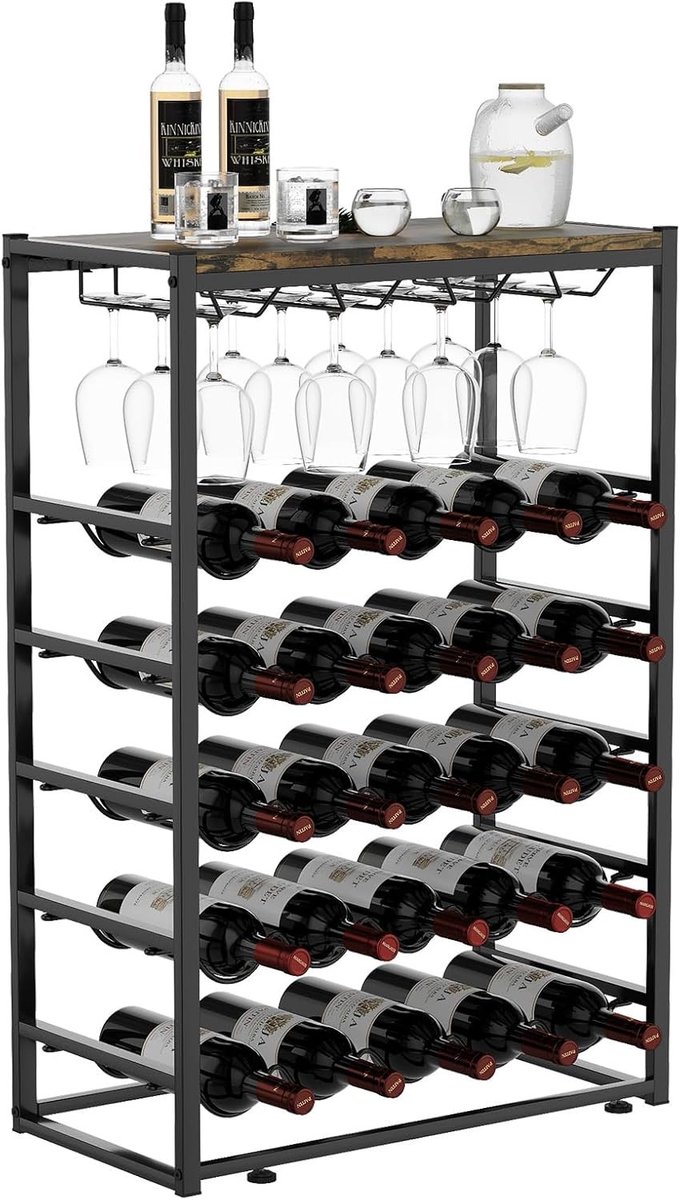 Stijlvolle wijnrek met glazenhouder voor 25 flessen en 12 wijnglazen, ideaal voor keuken, bar en eetkamer, 59 x 30 x 89 cm