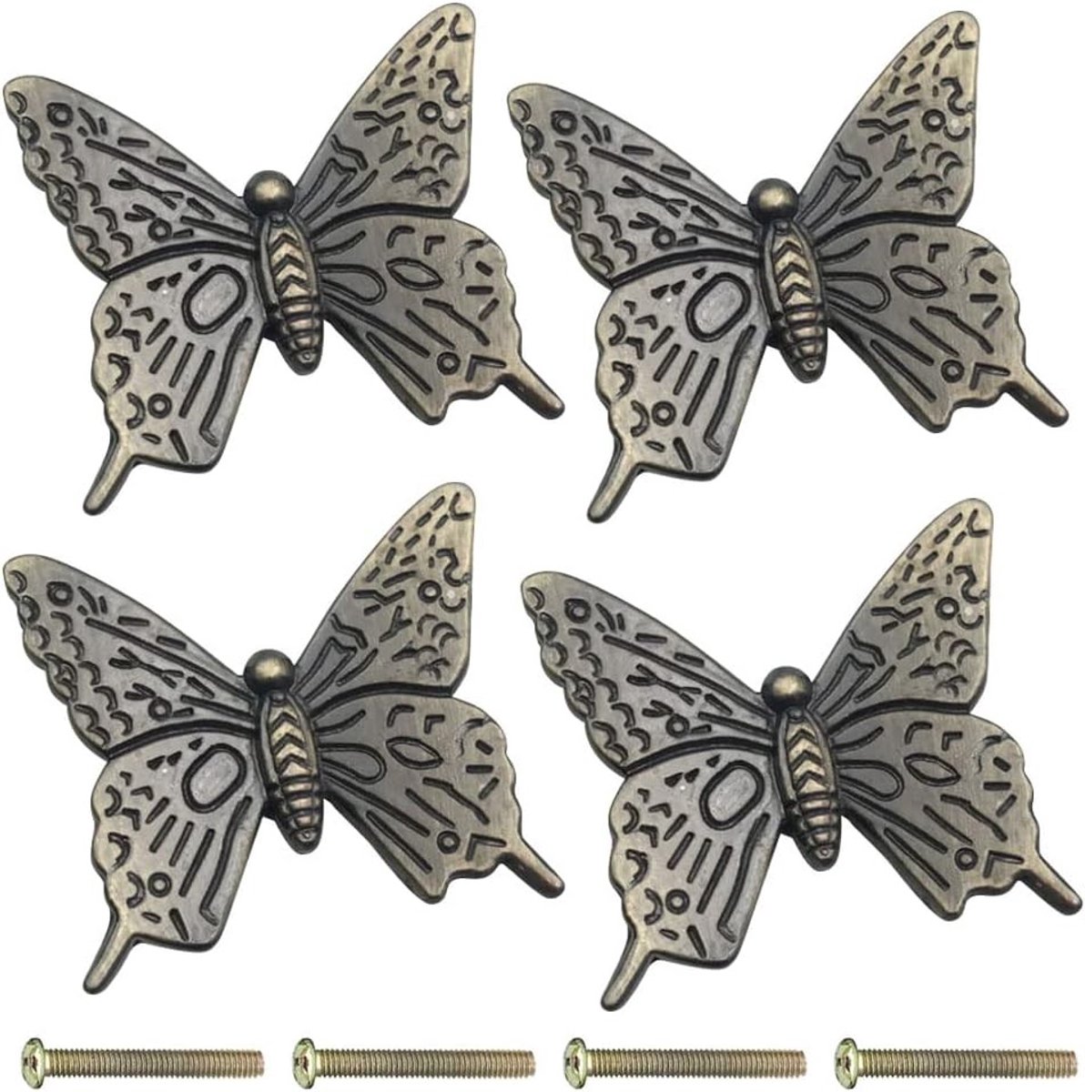 Retro Vlinder Kastknoppen Set van 4, Decoratieve Metalen Knoppen voor Kasten en Lades, Vintage Handgrepen in Brons Afwerking