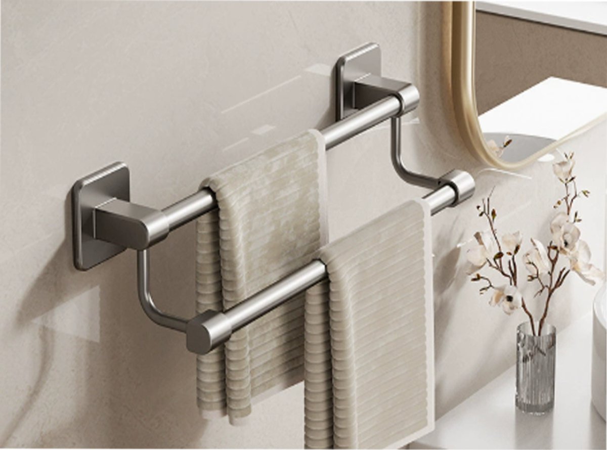 KZQ Dubbele handdoekstang 40 cm - Vierkant wandrek voor badkamer keuken en wastafel - Twee stangen voor handdoeken en theedoeken - Zilver