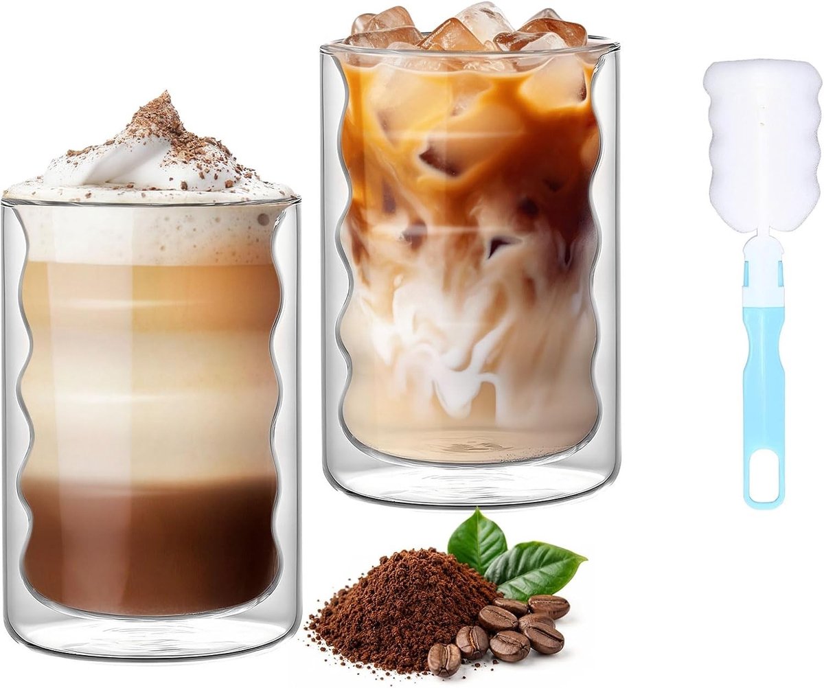 Set van 2 Dubbelwandige Latte Macchiato Glazen van 375 ml, Isolerende Koffie Glazen voor Koffie, Thee en Cappuccino