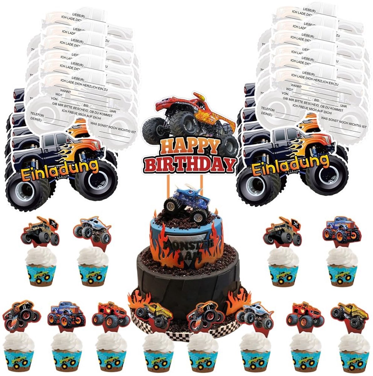 24 Stuks Monster Truck Uitnodigingen - Versieringen voor Kinderfeestje