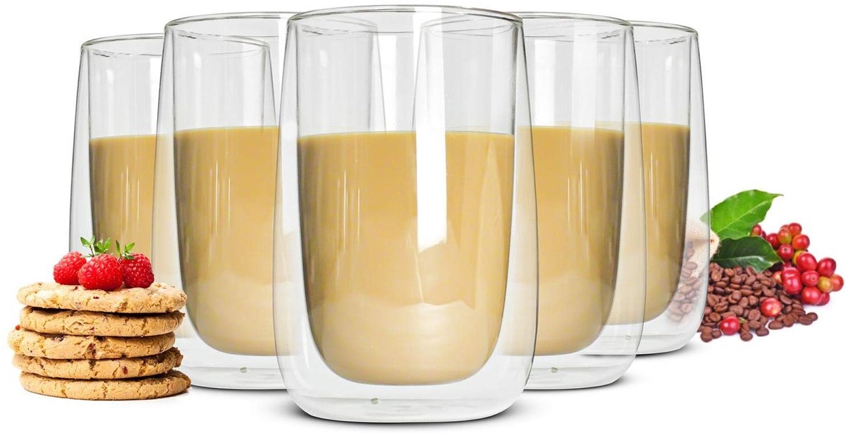 Set van 6 Dubbelwandige Latte Macchiato Glazen - 380 ml - Transparant
