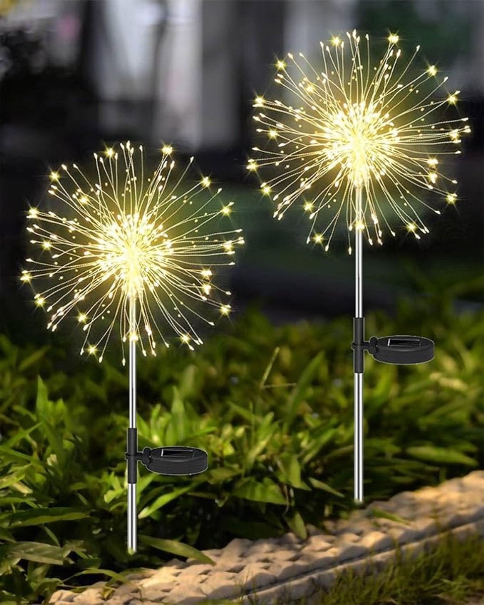 Solar Vuurwerklampen Set Van 2 - 120 LED Tuinstekers Op Zonne-Energie - 8 Lichtmodi - IP65 Waterdichte Tuinverlichting - Warm Wit