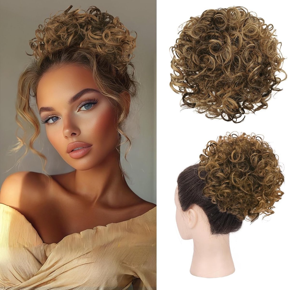 Messy Bun Korte Krullende Ponytail Extension met Elastisch Koord voor Dames - Losse Haarstukjes voor Updo en Haarverlenging (80g Bruin Mix Donkerblond)
