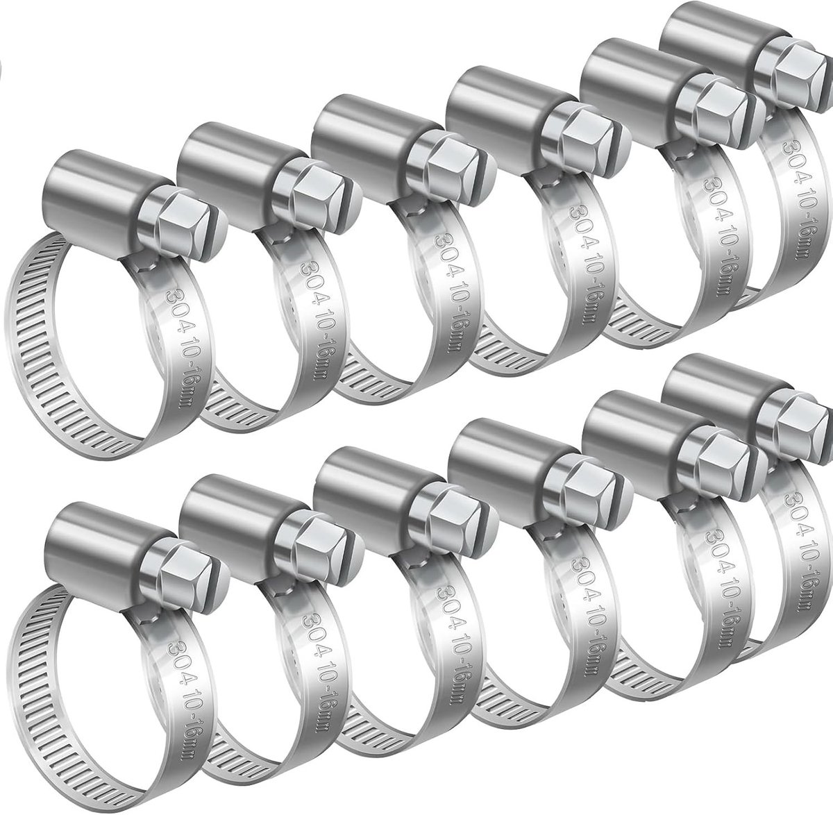 Verstelbare Slangklemmen Set van 12 Stuks, RVS 304, Roestvrij, Geschikt voor Slangen en Buizen van 10-16mm