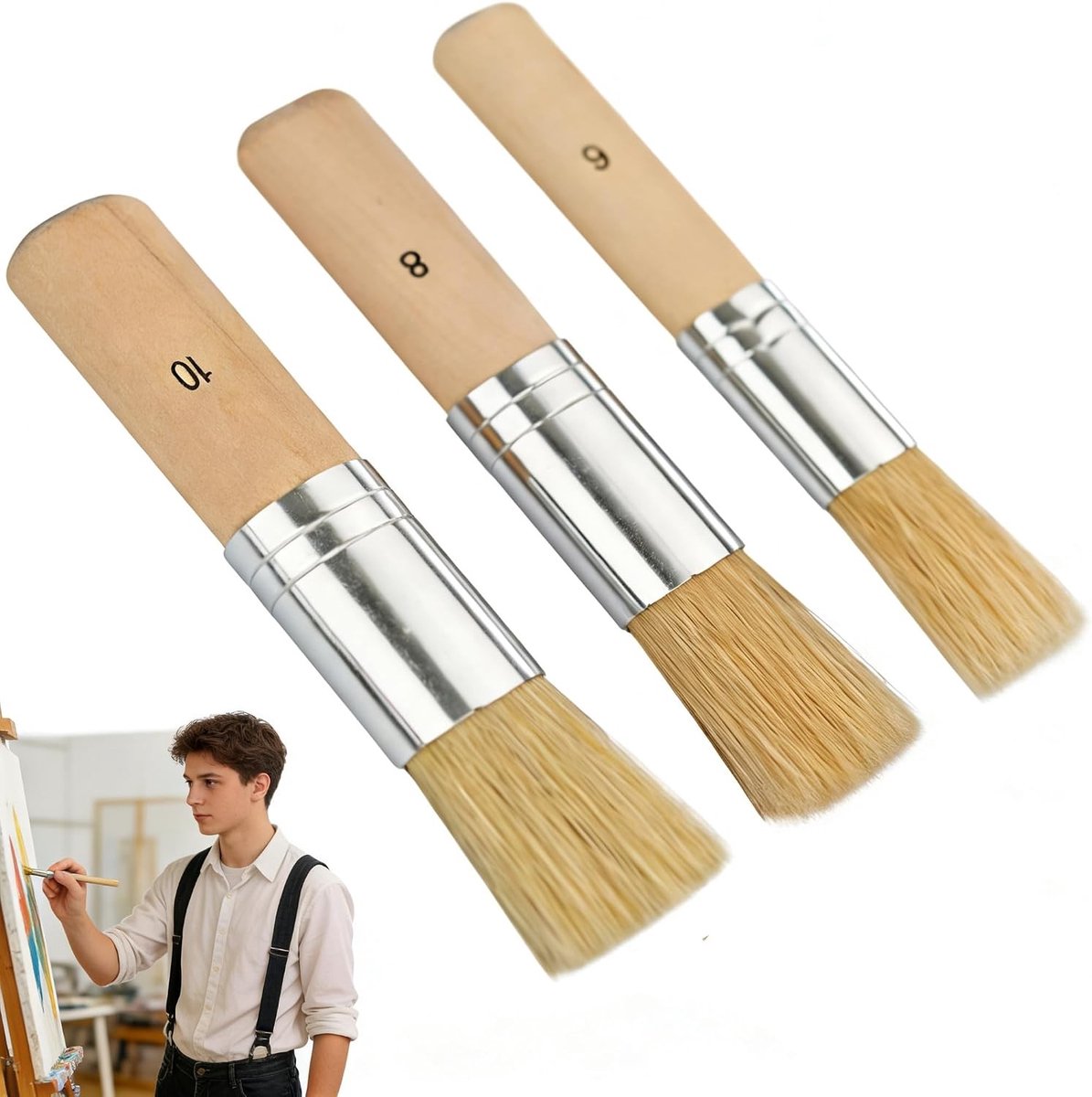 Set van 3 houten sjabloonkwasten voor precisiewerk, schilderen en knutselen